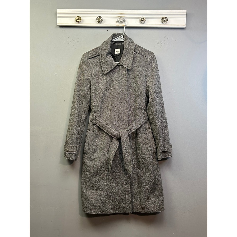 Old Navy Trench Coat Women Small Grey Salt and Pepper Tweed Wool Blend Belted